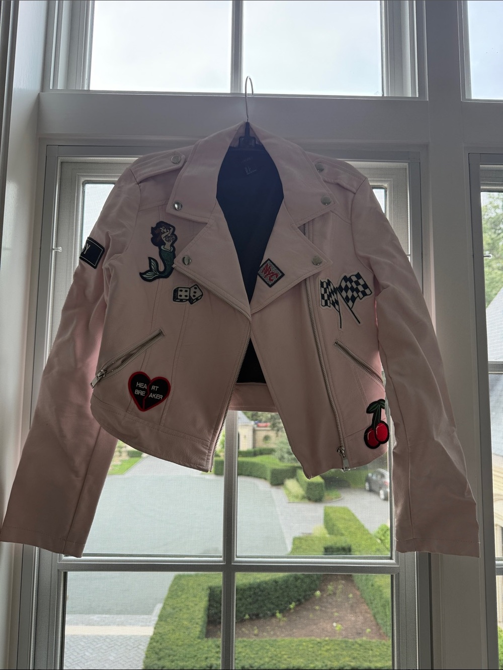 Pink Women's Faux Leather Moto Jacket with Embroidered Patches
